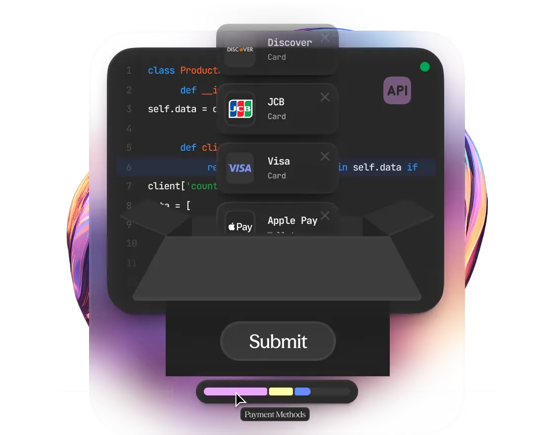 OVGC API integration with payment methods and code editor